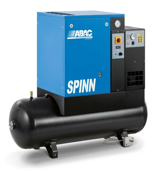 ABAC SPINN E 5.5Kw (27.5 CFM @ 10 Bar) dryer receiver mounted (200 Litre tank) C43 screw air compressor (415 Volt)